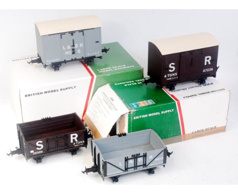 6 various British Models Supply "Accucraft" wagons/rolling stock, to include L and B open Wagon No.10 (G-BG), W and L Brake V