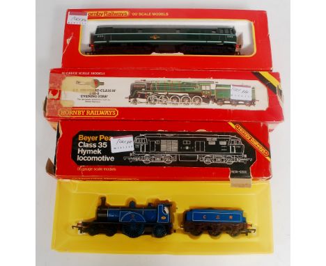 4 Hornby locomotives in poor boxes, 'Evening Star', 'Hymek', AIA-AIA diesel, Caledonian blue 4-2-2 engine and tender (FG-BPF)