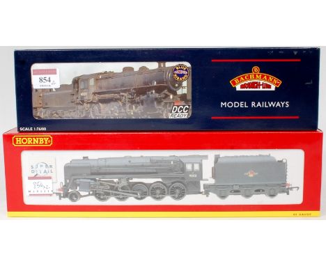 A Bachmann Class 4MT Ivatt 2-6-0 No. 43050 in weathered BR black (limited edition) and  Hornby R2200 Class 9F 2-10-0 No. 9215