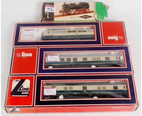 A VEB Class BR 75 2-6-2T in Etat French green livery (G,BF), a Lima H0 German DB Class 151 electric in blue/ivory (VG,BVG) wi
