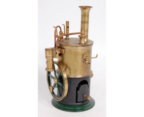 Freelance design spirit fired vertical steam engine, constructed from brass and copper components, comprising single oscillat