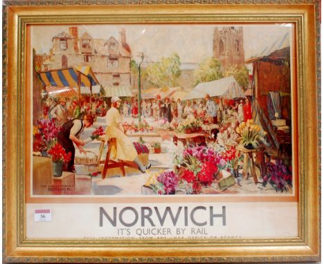 A reproduction framed and glazed railway print, Norwich "It's quicker by rail" depicting Norwich market