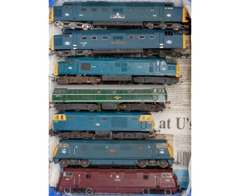 7 diesel locomotives by Mainline, Lima, Hornby, and Triang, Class 42 No. D814 'Dragon' BR blue, No. D823 'Hermes' BR maroon, 