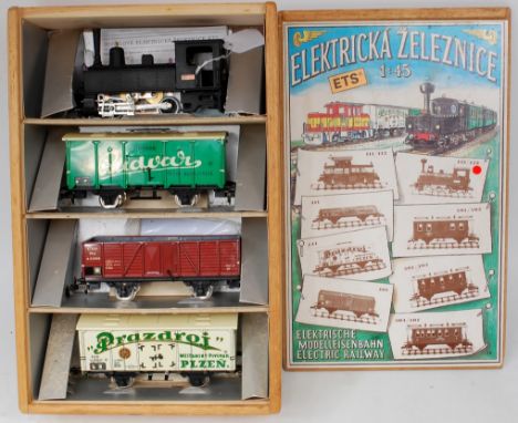 ETS boxed goods set with black 0-4-0 steam outline tank loco No. 200.001 green 'Budval' van, brown CSD high sided open wagon 