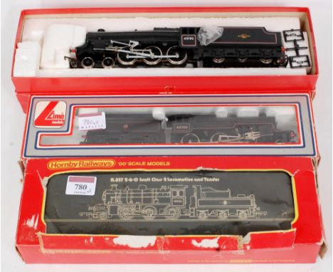 A Hornby R857 Ivatt Class 2 2-6-0 No. 46400 in BR black (G,BF), R859 Stanier Class 5 4-6-0 No. 45192 in BR black (G,BG), and 