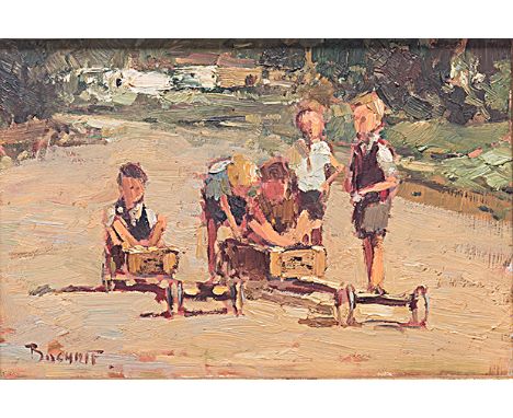Adriaan Hendrik Boshoff (South African 1935-2007) CHILDREN PLAYING IN THE STREET signed oil on board 20 by 30cm 