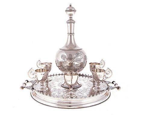 A RUSSIAN SILVER CHARKA SET, CARL FABERGÉ, MOSCOW, ASSAYED BY A. ROMANOV AND PROBABLY LEV FRIDRIKHOVITCH OLEKS, STAMPED 84, 1