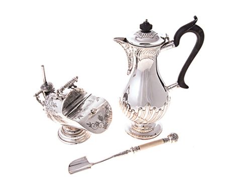 A VICTORIAN ELECTROPLATE AND BONE-HANDLED STILTON SCOOP NOT SUITABLE FOR EXPORT, with foliate chased ball terminal, the two c