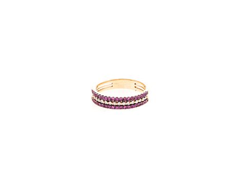 A RUBY AND DIAMOND HALF-ETERNITY RING set to the centre with a row of round brilliant-cut diamonds weighing approximately 0.1