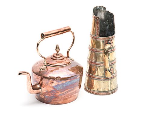 AN ENGLISH COPPER TEA KETTLE, 19TH CENTURY applied with a swan-neck spout, fixed brass handle and copper grip, the detachable