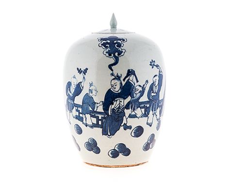 A CHINESE BLUE AND WHITE GINGER JAR AND COVER of tapering ovoid form, painted with young men playing a balustrade pavilion, t