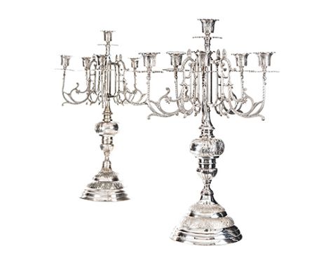 A PAIR OF MASSIVE FIVE-LIGHT FLOOR CANDELABRA, 20TH CENTURY on a circular domed base with two bands of foliate decoration, th