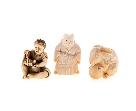 THREE JAPANESE CARVED IVORY NETSUKE NOT SUITABLE FOR EXPORT, comprising: a hare holding a ball, a sage and a seated young man