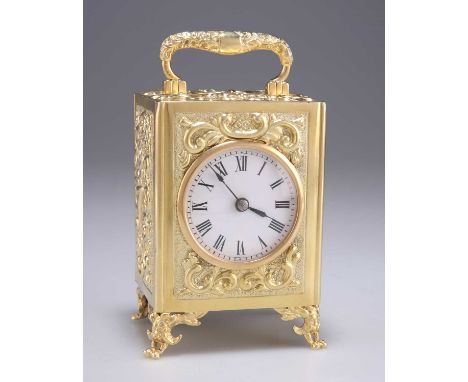 A LATE VICTORIAN SILVER-GILT CARRIAGE CLOCK by William Richard Corke, London 1893, the white enamel dial with Roman numerals,