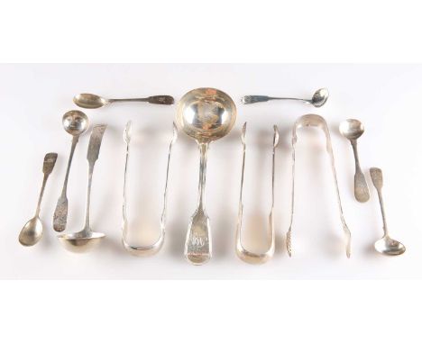 A MIXED GROUP OF SILVER LADLES, CONDIMENT SPOONS AND SUGAR TONGS, GEORGE III AND LATER with Newcastle, Scottish and Irish exa