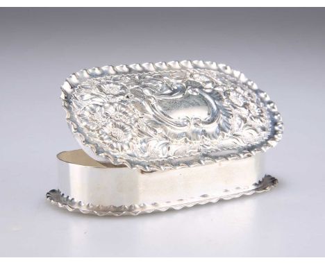 A LATE VICTORIAN SILVER SNUFF BOX by Stokes &amp; Ireland Ltd, Birmingham 1894, rectangular with rounded ends, the hinged cov