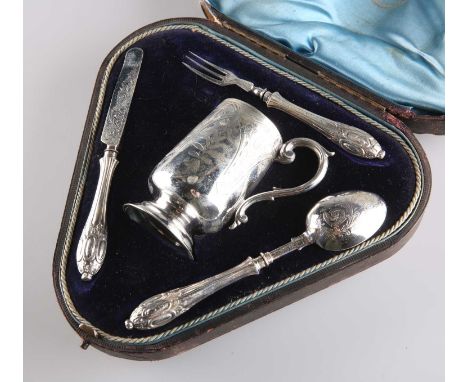 A LATE VICTORIAN SILVER CHRISTENING SET by Colen Hewer Cheshire, Birmingham 1892 and 1893, comprising a small mug, bulbous cy