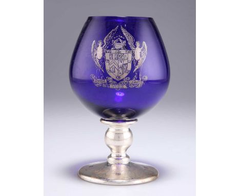 AN ELIZABETH II SILVER AND GLASS MASONIC BRANDY BALLOON by Kenneth James Jack, Edinburgh 2001, the blue glass bowl with appli