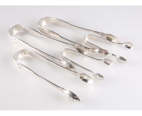 † FIVE PAIRS OF SILVER SUGAR NIPS, VICTORIAN AND LATER three pairs by George William Adams, London 1855 (x2) and 1856 (x1), F