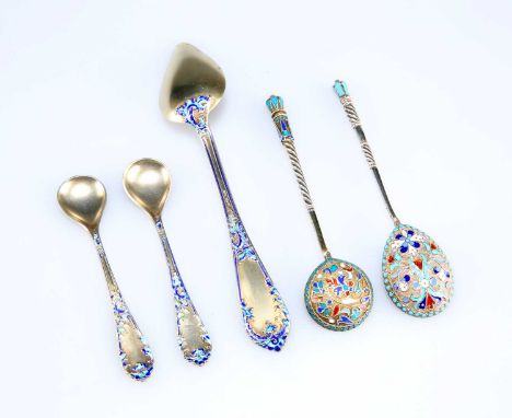 TWO LATE 19TH CENTURY RUSSIAN SILVER ENAMEL SPOONS AND THREE DANISH SILVER ENAMEL SPOONS comprising A RUSSIAN SILVER ENAMEL E