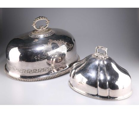 TWO SILVER-PLATED MEAT DOMES the larger Sheffield plate cloche by A.B. Savory &amp; Sons, London, with a foliate-capped bead 