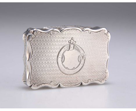 A VICTORIAN SILVER SNUFF BOX by Alfred Taylor, Birmingham 1860, rectangular with scrolling edges, with all-over engine-turned
