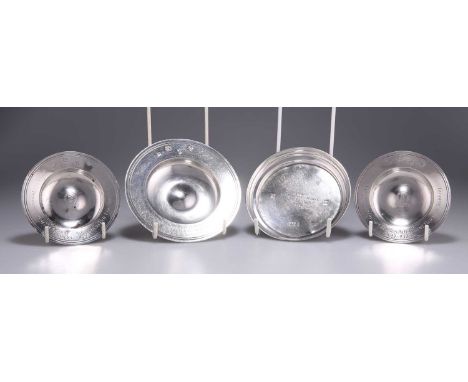 † AN ELIZABETH II SILVER COASTER, AND THREE SMALL SILVER ARMADA DISHES the coaster by Barker Ellis Silver Co, Birmingham 1972