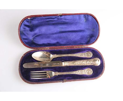 A VICTORIAN SILVER-GILT CHRISTENING SET by John &amp; Henry Lias, London 1845, comprising knife, fork and spoon, cased. Knife