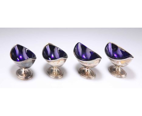 A SET OF FOUR GEORGE III SILVER OPEN SALTS by Robert Hennell I, London 1786, of boat form and raised on oval pedestal bases, 