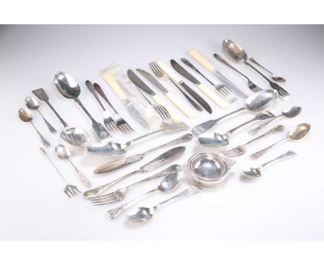 A GROUP OF WILLIAM IV AND LATER FLATWARE AND OTHER ITEMS comprising: A SET OF THREE WILLIAM IV SILVER OLD ENGLISH PATTERN TAB