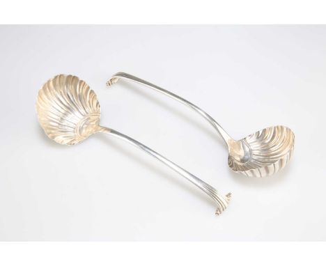A PAIR OF GEORGE III SILVER SAUCE LADLES by George Baskerville, London 1765, Onslow pattern, with shell pattern bowls. (2) 19