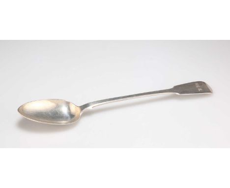 A GEORGE III SILVER BASTING SPOON by William Eley I &amp; William Fearn, London 1818, Fiddle pattern, engraved W R. 31cm long