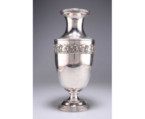 AN EARLY 20TH CENTURY FRENCH SILVER-PLATE VASE probably by Roux Marquiant, of baluster form with a waisted neck and raised on