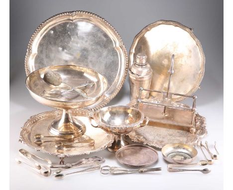 † A GROUP OF ASSORTED SILVER-PLATED WARES including salvers, a pedestal bowl, a cruet stand, a cocktail shaker, sugar nips, e