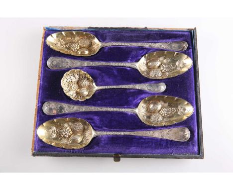 A SET OF FOUR GEORGIAN SILVER BERRY SPOONS AND A SIFTING LADLE various marks, each engraved with initials, in a case. Spoons 