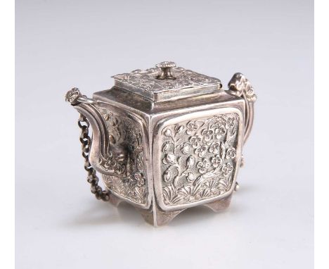 AN EARLY VICTORIAN NOVELTY SILVER MINIATURE TEAPOT by Joseph Willmore, Birmingham 1840, embossed with Chinoiserie decoration 