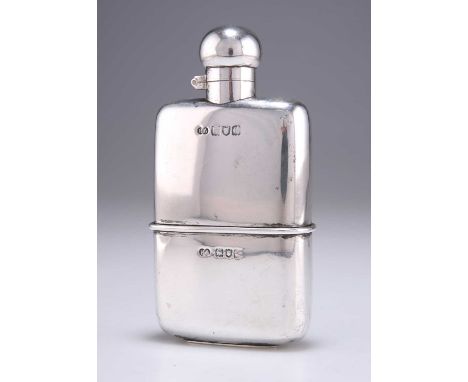 A LATE VICTORIAN SILVER 4OZ SPIRIT FLASK by Atkin Brothers, London 1898, rectangular, shaped for the hip, with a detachable c