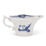 A Worcester porcelain hexagonal cream boat, circa 1758 with blue and white Chinoiserie design (