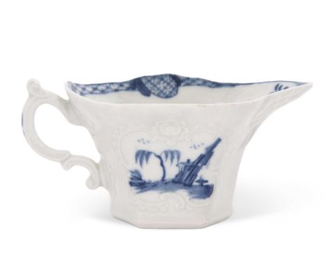 A Worcester porcelain hexagonal cream boat, circa 1758 with blue and white Chinoiserie design (hairline)hairline running from