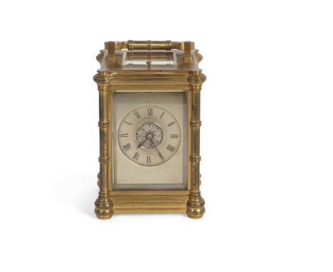 John Bennett, London brass cased repeating carriage clock with silvered dial with Roman numerals, central floral boss to a br