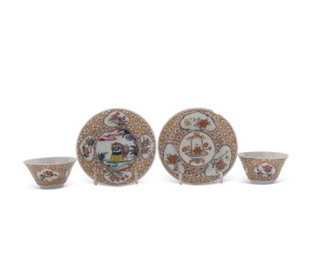 A Chinese porcelain tea bowl and saucer, Yong Zheng period with polychrome design together with a further example the centre 