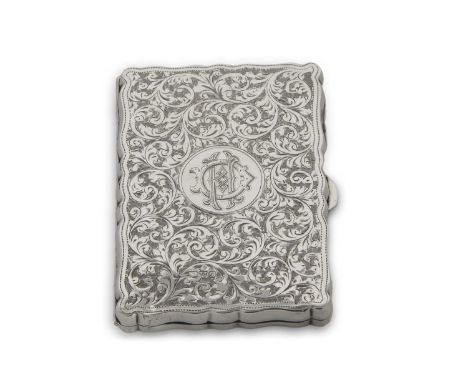 Edwardian silver card case/memo of rectangular form, elaborately engraved all over in a foliate design, one side with an engr