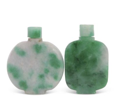 Two jade scent bottles both with a mottled green design with stoppers