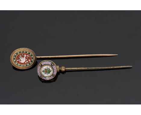 Two 19th century micro mosaic stick pins, the first with an oval head with dove of peace and green and white border micro mos