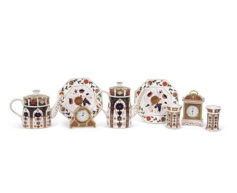 Group: Royal Crown Derby Bone China Imari "1128" pattern to include: Coffee pot, Teapot, pair hexagonal shaped spill vases, c