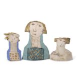 Christy Keeney (B: 1951) - A group of three ceramic head sculptures with polychrome decoration,