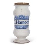 An 18th Century Delft drug jar with central cartouch entitled C.Hamech, 24cm high 2 chips to rim