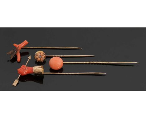 Four 19th century coral stick pins, to include an unmarked coral and diamond flowerhead stick pin, 11mm diameter, 2.1g, cased