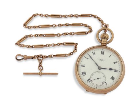 A 9ct gold J W Benson pocket watch with a 9ct gold trombone link chain, the pocket watch has a manually crown wound movement 