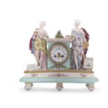 A mid 19th Century continental porcelain cased mantel clock in Meissen style, the plinth raised on